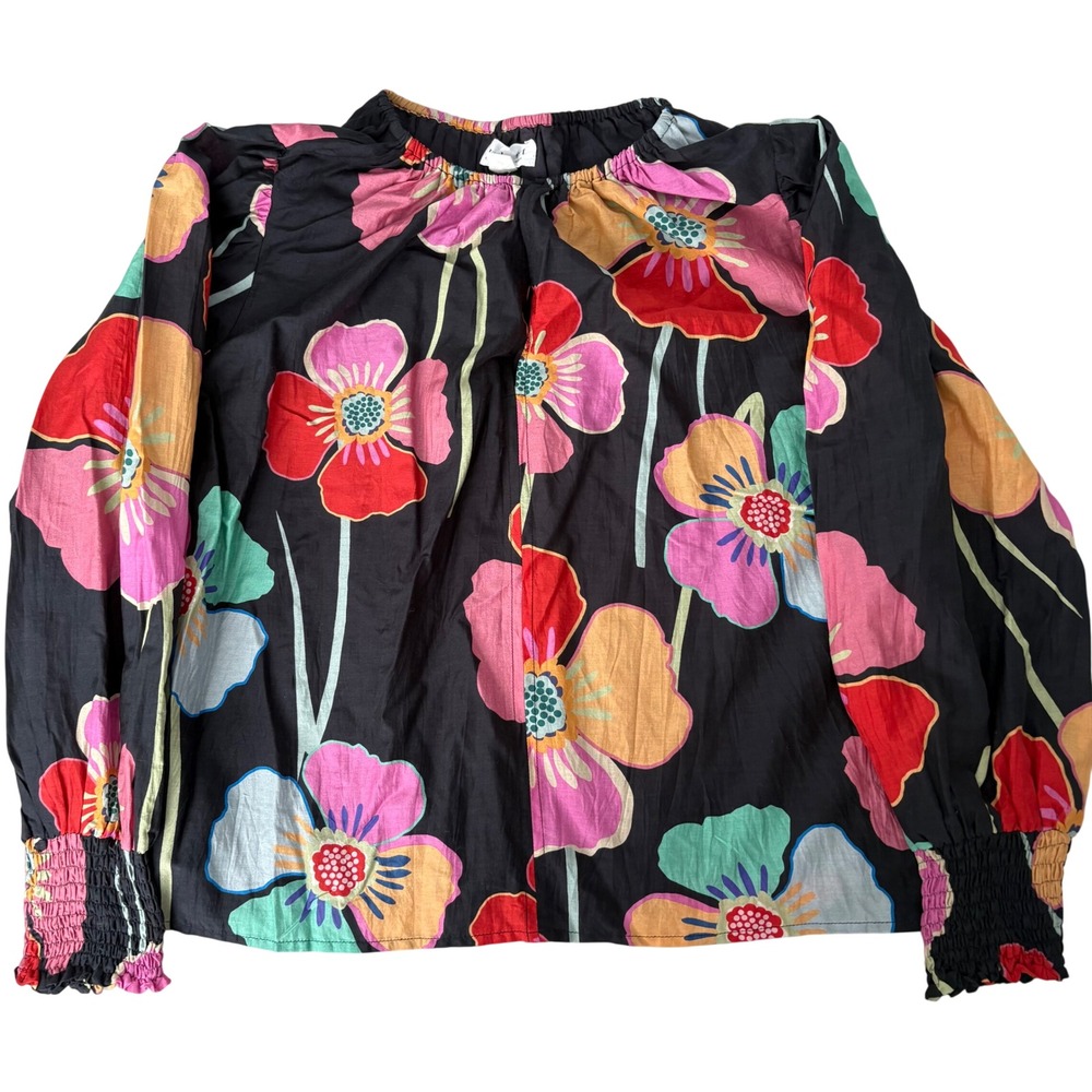 Velvet by Graham & Spencer Floral Cotton Silk Blouse Smocked Cuff Black Small
